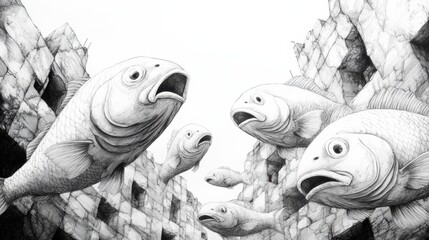 Poster - A drawing of fish swimming in a maze, AI