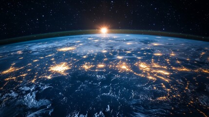 Canvas Print - Night planet view from space, light paths of communication connecting continents. Concept of global connections and technology. generative ai
