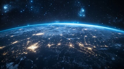 Canvas Print - Night planet view from space, light paths of communication connecting continents. Concept of global connections and technology. generative ai