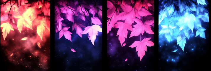 Wall Mural - A collage of glowing leaves in different colors.