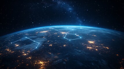 Canvas Print - Night planet view from space, light paths of communication connecting continents. Concept of global connections and technology. generative ai