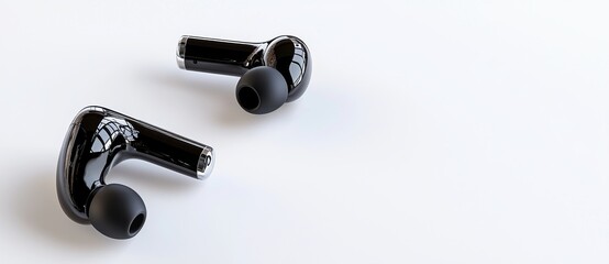 A black and white copy space image of modern wireless earbuds with a sleek black design