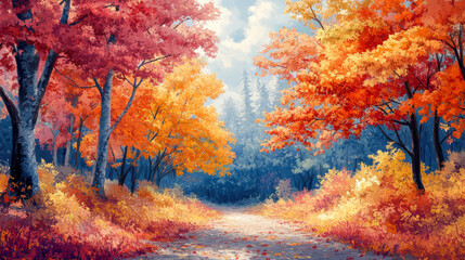 Sticker - A picturesque autumn forest path lined with vibrant red, orange, and yellow leaves.