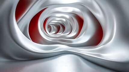 Abstract 3D rendering of a silver tunnel with red highlights.