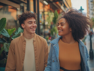 A cheerful couple walking together outdoors, smiling and enjoying each other's company. The vibrant background and casual attire reflect a relaxed and happy atmosphere in a modern urban setting.