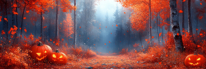 Wall Mural - Spooky Halloween pumpkins in a misty autumn forest.