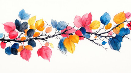 Sticker - Watercolor painting of a branch with colorful leaves.