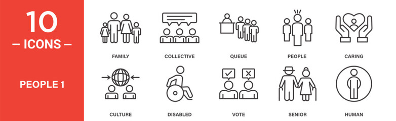 People Icon Set Featuring Family, Queue, Senior, and Culture Symbols