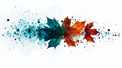 Canvas Print - Two autumn leaves in teal and red with watercolor splatters