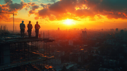 Poster - Construction workers admire the sunset over the city skyline.