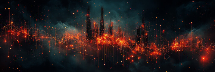 Poster - Abstract futuristic city skyline with glowing lines.