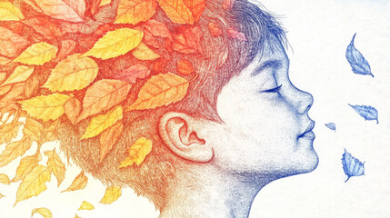 Sticker - A young boy's head is covered with autumn leaves.