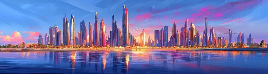 Detailed illustration of Kuala Lumpur's skyline in the early morning.