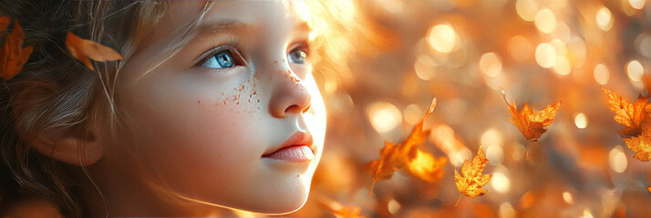 Wall Mural - A young girl with freckles looks up at falling leaves.