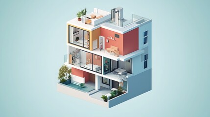 Poster - Modern Minimalist 3D Illustration of Colorful House with Open Floor Plan and Balcony