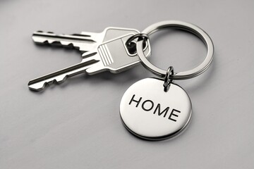 House keys with silver 'HOME' keychain on grey background