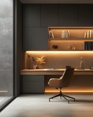 Wall Mural - Modern minimalist home office interior design with LED strip lighting, grey walls, wooden desk, and comfortable office chair