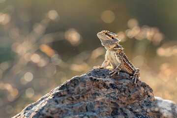 Bearded dragon lizard perched on rock in golden sunlight