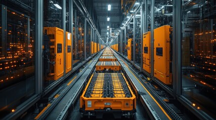 A long, narrow hallway with an automated conveyor system carrying batteries in a modern factory setting. The hallway is lined with metal walls and has fluorescent lights.