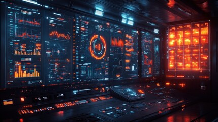 Futuristic control room with multiple screens displaying data and graphs.
