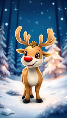 A cute reindeer with a red nose standing in a snowy landscape, embodying the spirit of the holiday season and evoking feelings of warmth and joy during winter.