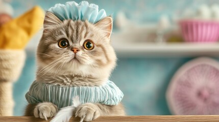 Sticker - A cat wearing a blue dress and feather on top of table, AI