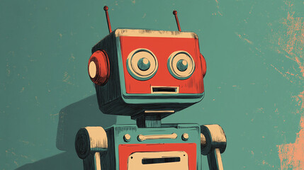 vintage robot illustration with teal background