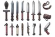 © atar - Set of 18 hand drawn medieval weapon illustrations,  swords, daggers, and knives. Game assets