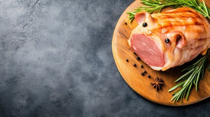 Wall Mural - A pork roast with rosemary and garlic on a cutting board, AI