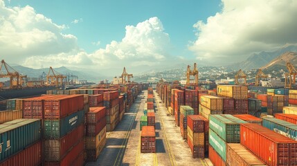 A vast shipping container yard with rows of colorful containers under a bright blue sky.