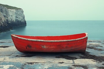 Sticker - Red rowboat on a rocky shore by the ocean with white cliffs in the background