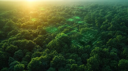 An aerial view of a lush green forest with a glowing digital network overlay.