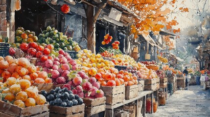 Wall Mural - Watercolor harvest market, stalls overflowing with produce, blurred background, soft edges, [watercolor art, festival market].