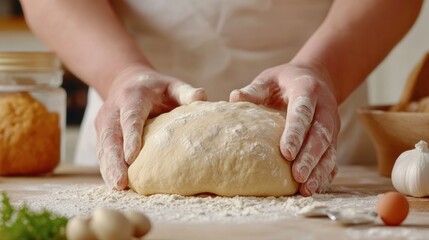 Canvas Print - A person kneading dough on a table with flour and other ingredients, AI