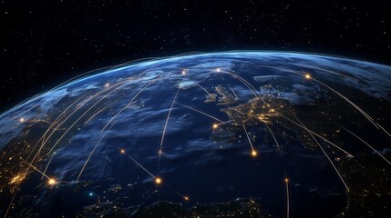 Canvas Print - View of the Earth from space at night, with light trails linking continents, representing digital global networks generative ai