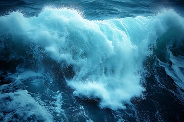 Poster - Dramatic ocean wave crashing with white foam and spray in deep blue water