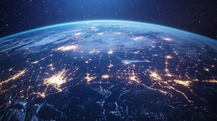 Canvas Print - View of the Earth from space at night, with light trails linking continents, representing digital global networks generative ai