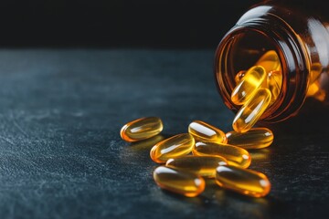 A spilled bottle of golden gel capsules on a dark surface.