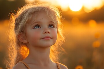 Wall Mural - Little girl with blond hair looking up at the sunset in a field, summer, golden hour,  beautiful, childhood, innocence, hope