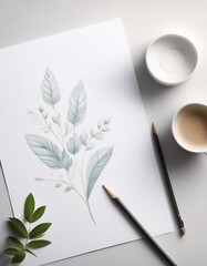 minimalist scene with pencil and drawing paper with flora on paper above the desk in Scandinavian style