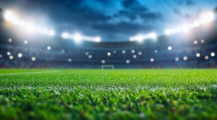 A blurred view of a soccer field under stadium lights at dusk.