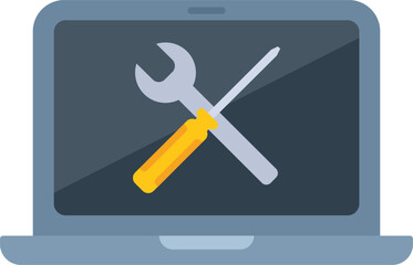 Laptop screen displaying crossed screwdriver and wrench, illustrating computer maintenance or technical support concept