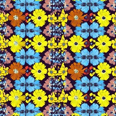 Poster - Vibrant floral seamless pattern with colorful flowers on a dark background, ideal for summer decor and tile designs