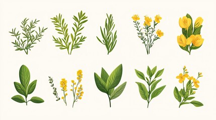 A botanical illustration of medicinal herbs, focusing on their healing properties, with intricate line work depicting leaves, flowers, and stems.