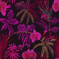 Poster - Tropical floral seamless pattern background with exotic flowers, palm leaves, jungle leaf, orchid. 