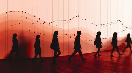 Wall Mural - Silhouetted business figures walking across a giant GDP and inflation scatter plot, data visualization, economic journey 