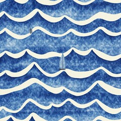 Wall Mural - seamless abstract playful hand drawn fine line watercolor stripes rolling hills landscape pattern in indigo blue and white baby boy or nautical theme high resolution textile texture background.  