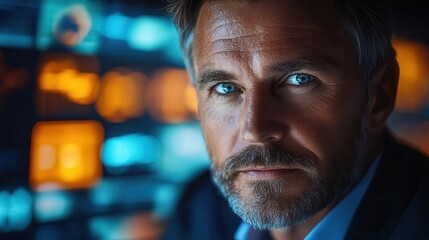 Wall Mural - business presentation scene featuring a confident middleaged man engaging with colleagues in a sleek modern office filled with digital displays and vibrant lighting