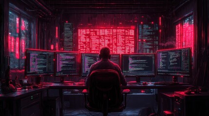 A hacker sits in a dark room, working on multiple computers. The screens glow with red light, and the room is decorated with neon signs.