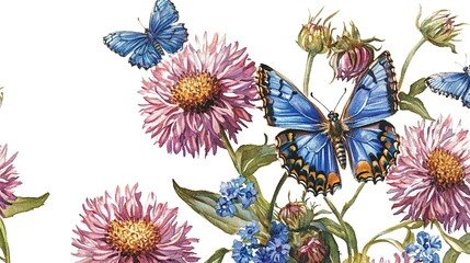 Poster - purple and pink aster flowers and blue butterflies painted in watercolor  